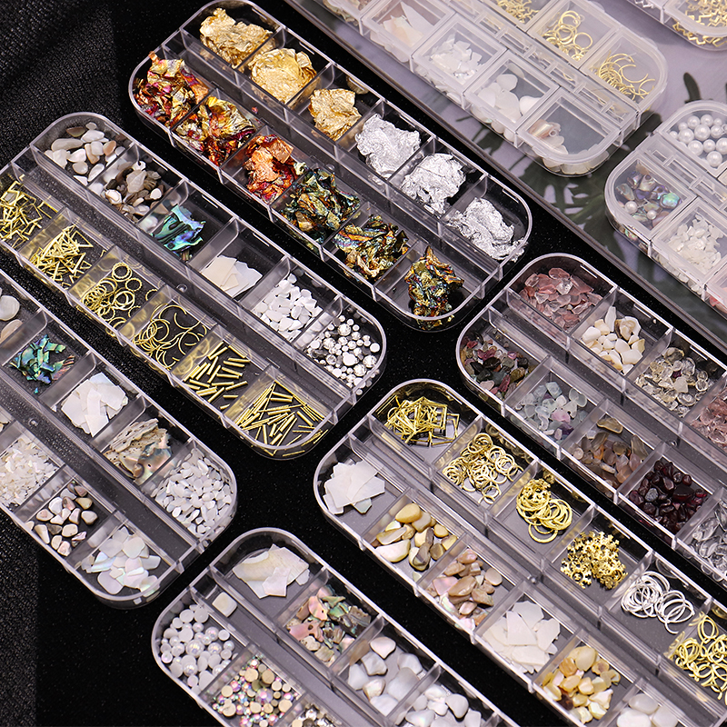 12 Styles/Set TikTok Fashion Nail Art Rhinestone Decorations Shell Fragmen Flat Back Crystal Press On Nails Gems Nails