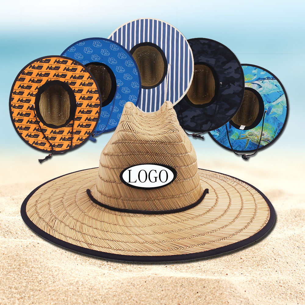 Factory Customized Underbrim Printing Fashion Travel Vacation Fashion Lifeguard Straw Hat Seaside Beach Brim Hollow Straw Hat