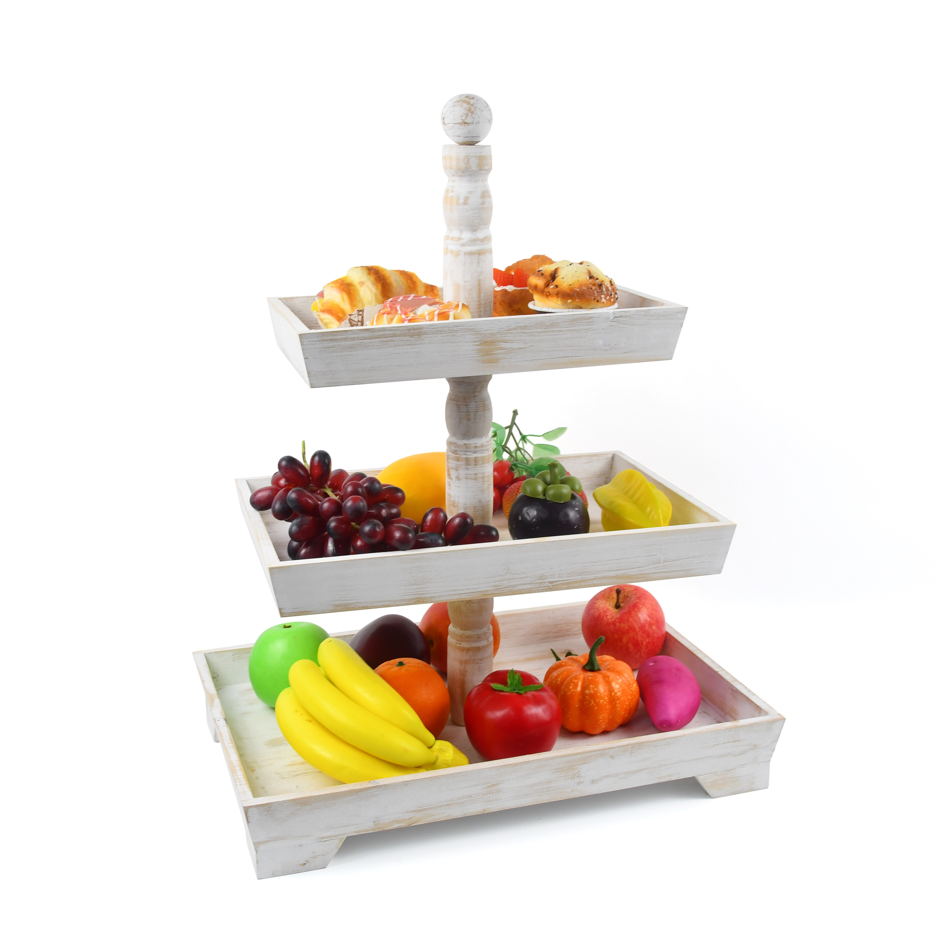 Distressed White Wood 3 Tier Cake Stand Wooden Assembled Big Capacity Rectangle Serving Tray