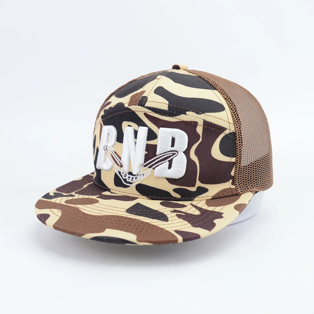 Custom High Quality 6 Panel 3d Puff Embroidery Patch Logo Snapback Camouflage Trucker Hat Old School Camo Mesh Baseball Cap