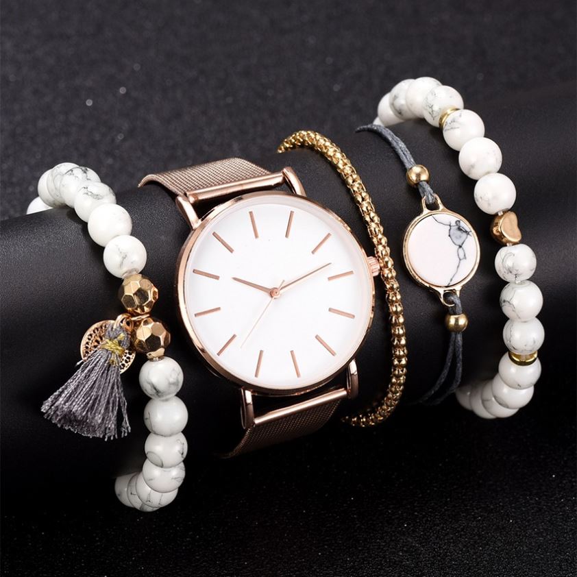 Women Watch 5 Set Bracelet Japan Quartz Movement Simple Waterproof Rose Gold Stainless Steel Mesh Ladies Watch Relogio Feminino