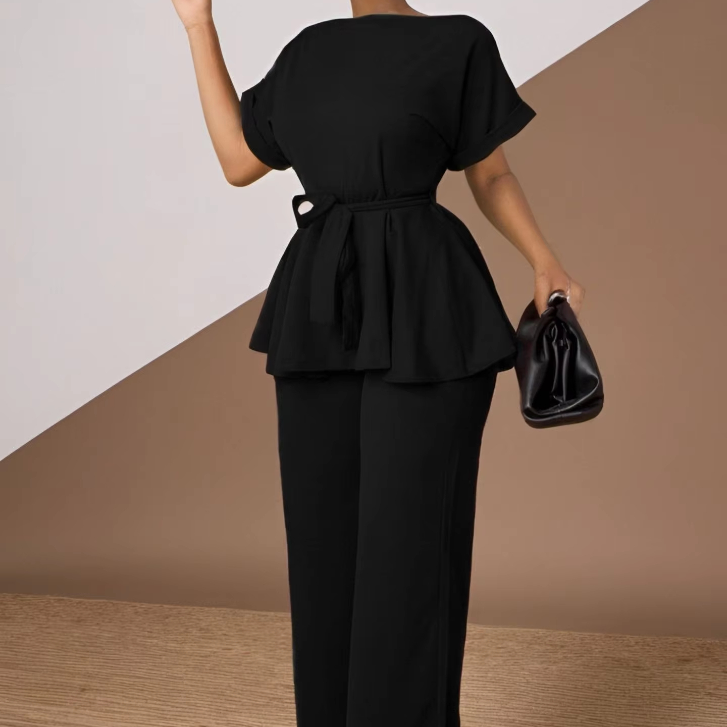 2025 New Arrival Fashion Pure Black Two Piece Sets Temperament Plus Size Women's Clothing
