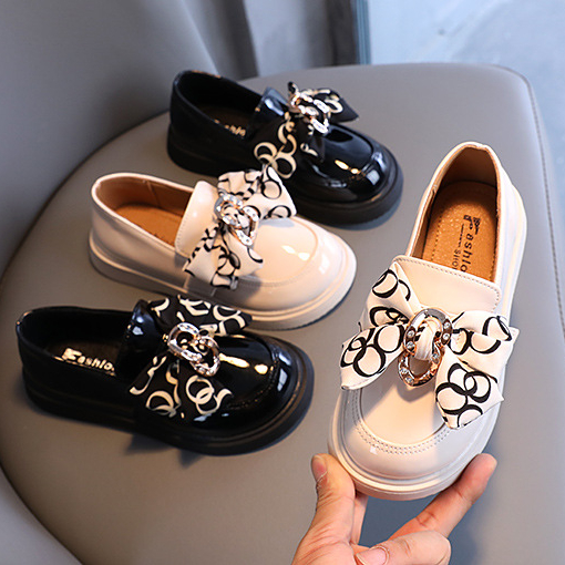 Newest Boutique Children Leather Shoes Spring Autumn England Style Bow Flat Princess Baby Girl Dress