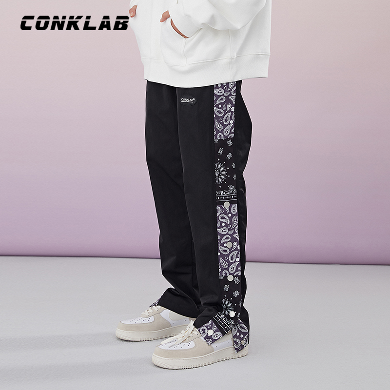 CONKLAB оптовая продажа 100 хлопок кешью цветок строчки брюки с разрезом Винтаж Хай-стрит Новый Стиль Прямые брюки для мужчин