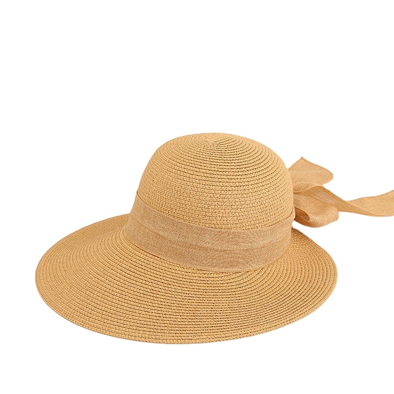 New Fashion Solid Color Bowknot Hand-Woven Sunscreen Straw Hat Female Sunshade Women Beach Large Brim Hat