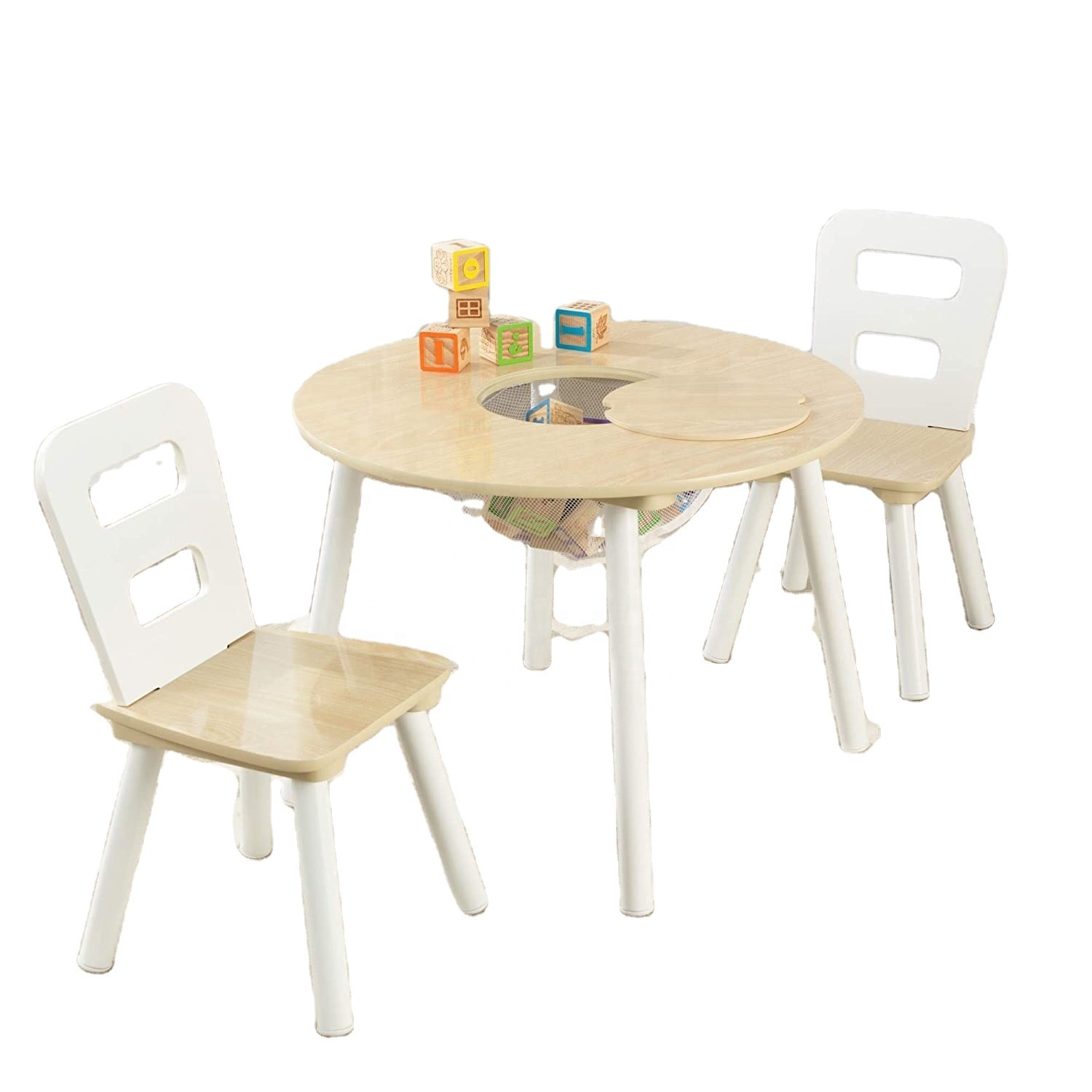 Round Wooden Storage Table with 2 Chairs Kids Children's Playroom Bedroom Furniture