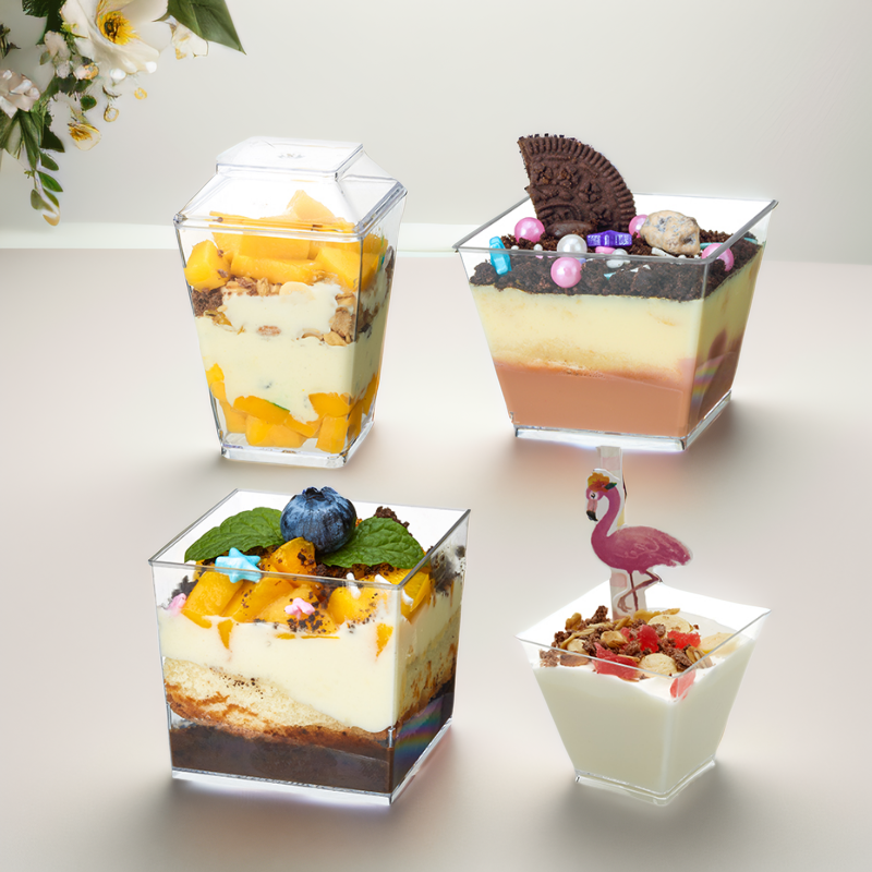 2019 High Quality Custom Printing Plastic Jelly Dessert Cup, PS Square Disposable Plastic cup With Lid