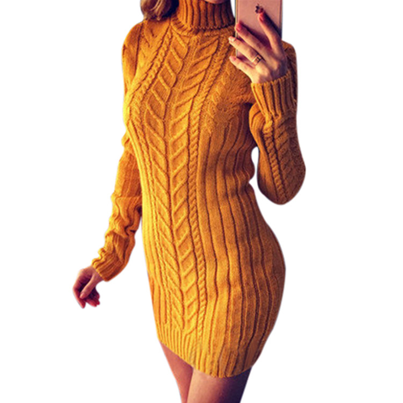 2021 Autumn Winter Women Fashion Street Dresses Knit Long Sleeve Twist Turtle Neck Slim Sweater Dress For Ladies
