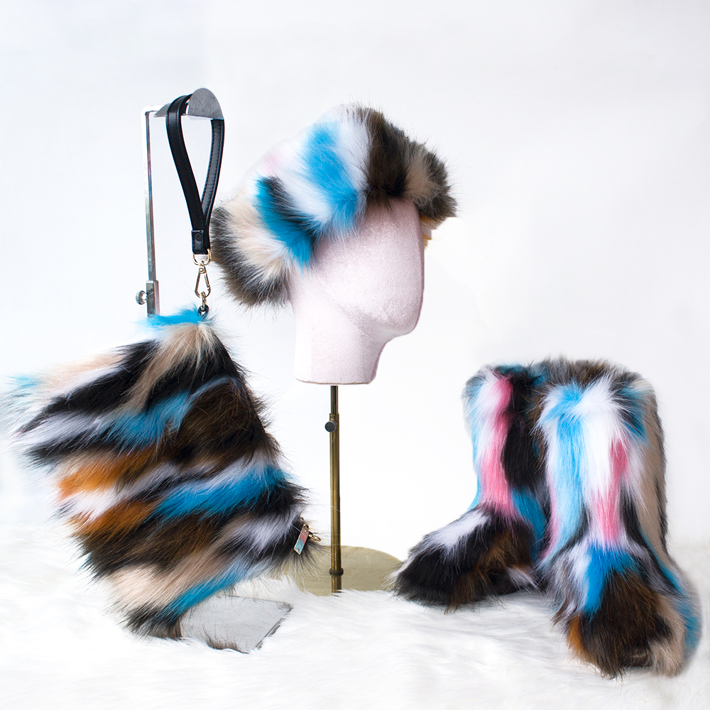 2021 Snow boots women shoes bag sets winter fur headband ladies faux fur boots matching fur purse furry boots for women