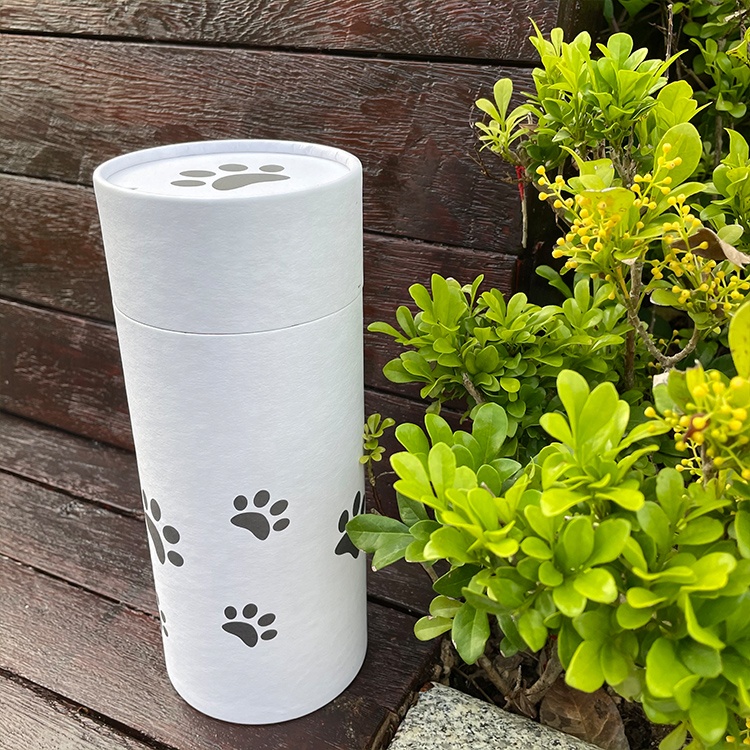 Biodegradable paper tube packaging cat paw printed pet urn cremation ashes animal coffin casket outdoor water river burial