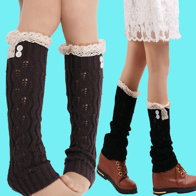 European and American autumn and winter long woolen lace lace hollow leaf button pile pile socks