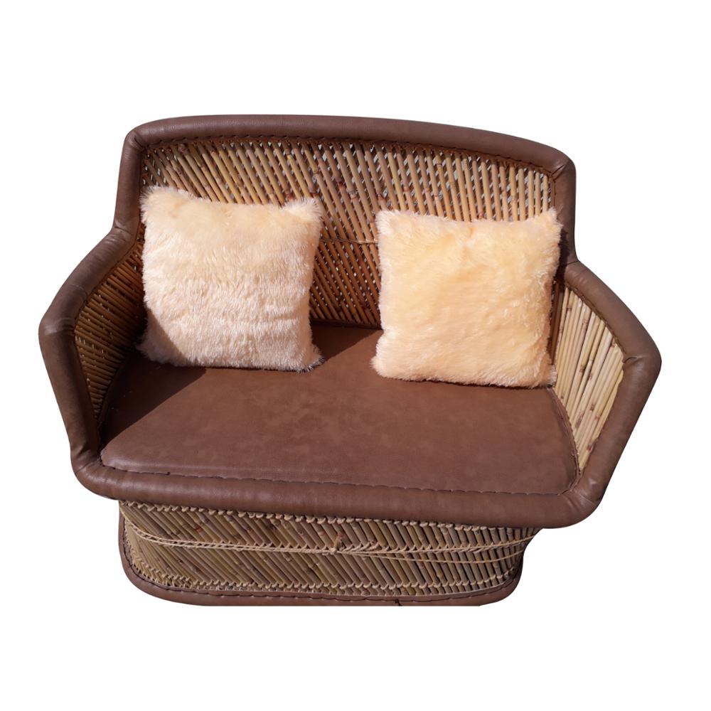 2024 Royal Leisure Chair Bamboo Cane Brown Arm Rest 2 Seated Sofa With Pillow For Living Room Main Hall Home Decor Furniture