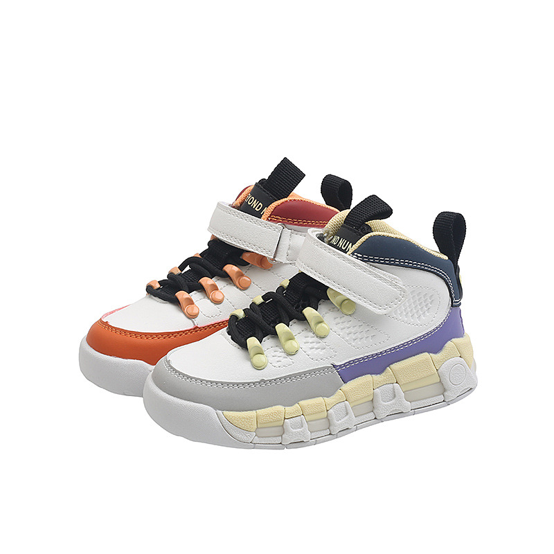 Autumn 2021 Boys Girls Mismatched Basketball Sneakers Baby Toddler Little Big Kid High Top Touch Strap Elastic Laces Brand Shoes