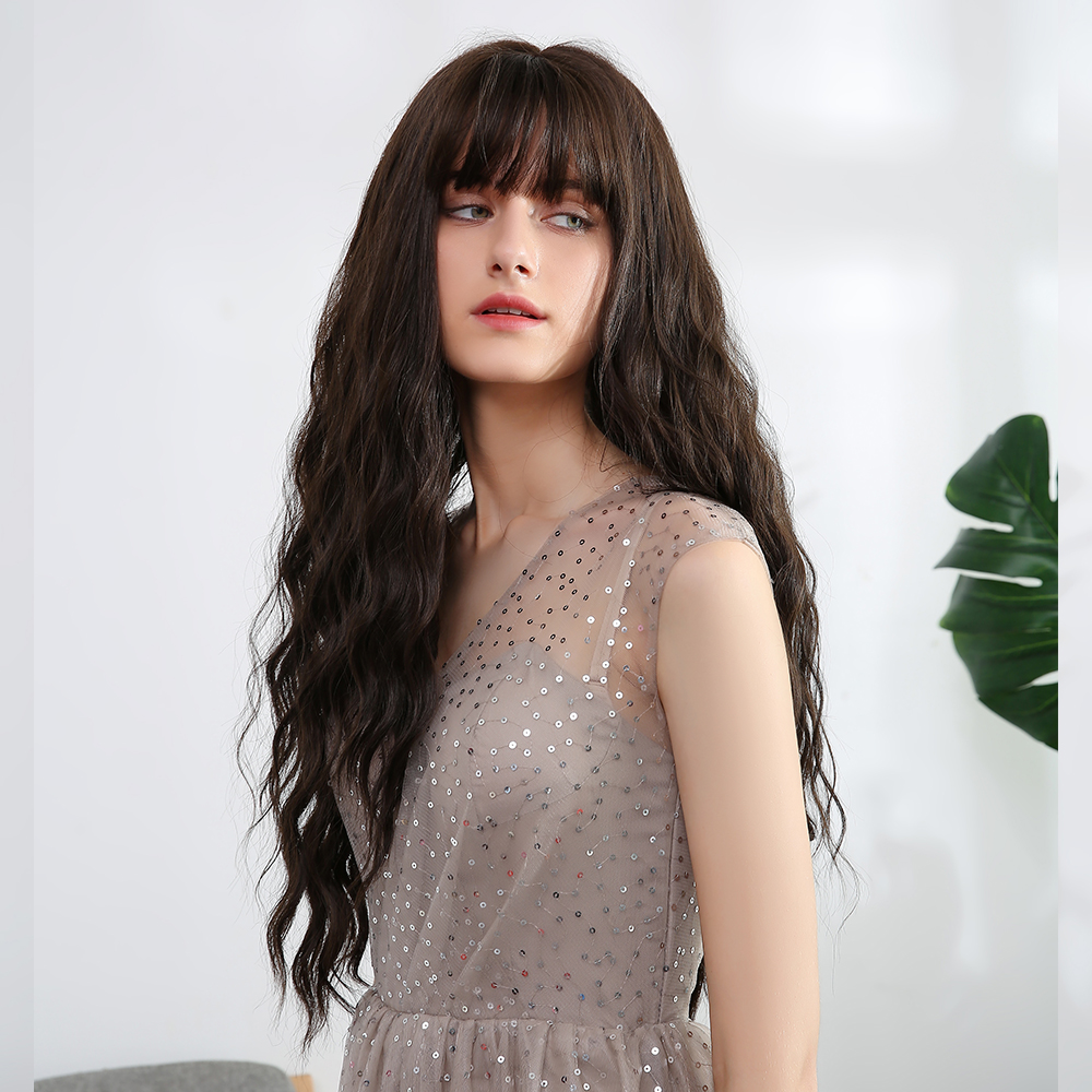 Synthetic Natural Dark Brown Long Wave Curly Wig With Bangs Wigs for Women