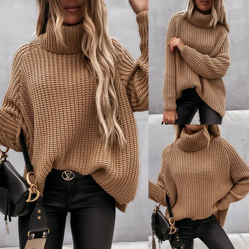 Temperament Fashion High Neck Long Sleeves Solid Color Long Korean Vintage Winter Sweater Women