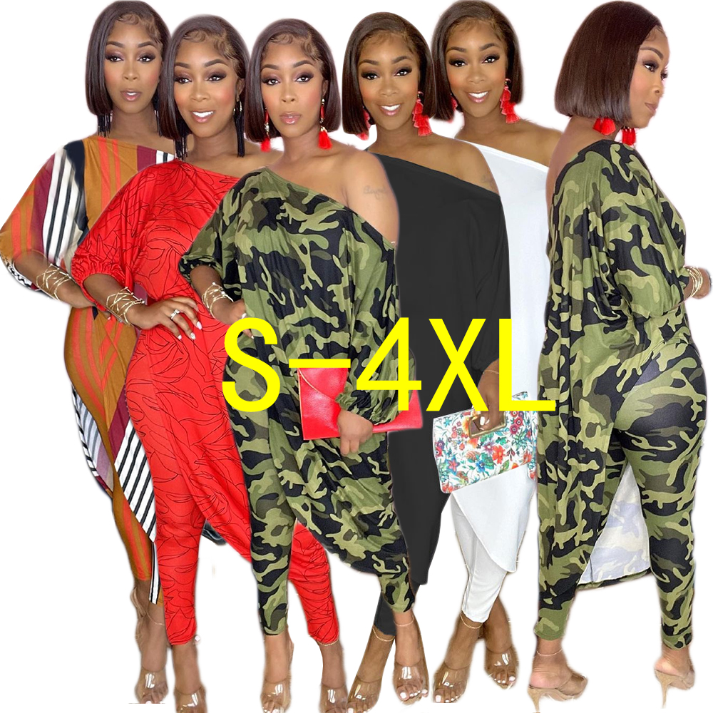 BA219 2021 New arrival S-4XL popular printed camouflaged casual outfit two piece pants set plus size women clothing