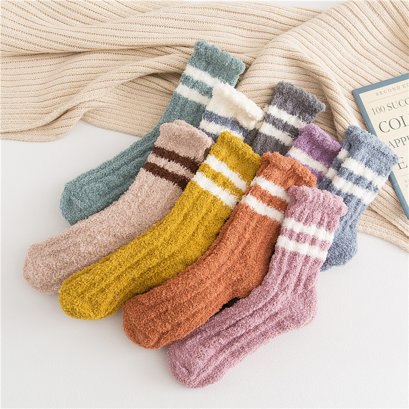 Wholesale Cheap Thick Warm Thermal Fleece Coral Velvet Fluffy Fuzzy Home Floor Socks Fancy Multicolor Striped Women Sleep Socks