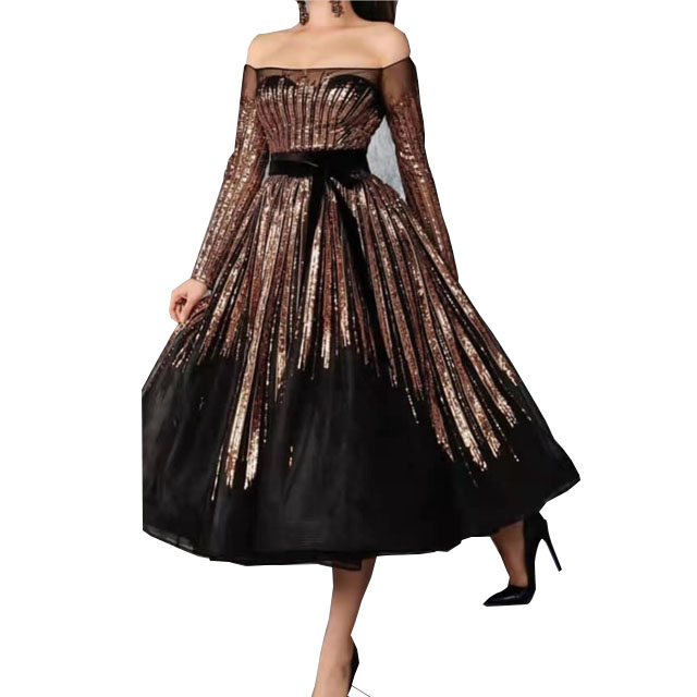 New Arrival Sequin Mesh dresses Long Sleeves Sexy One Shoulder Dress Ball Gowns