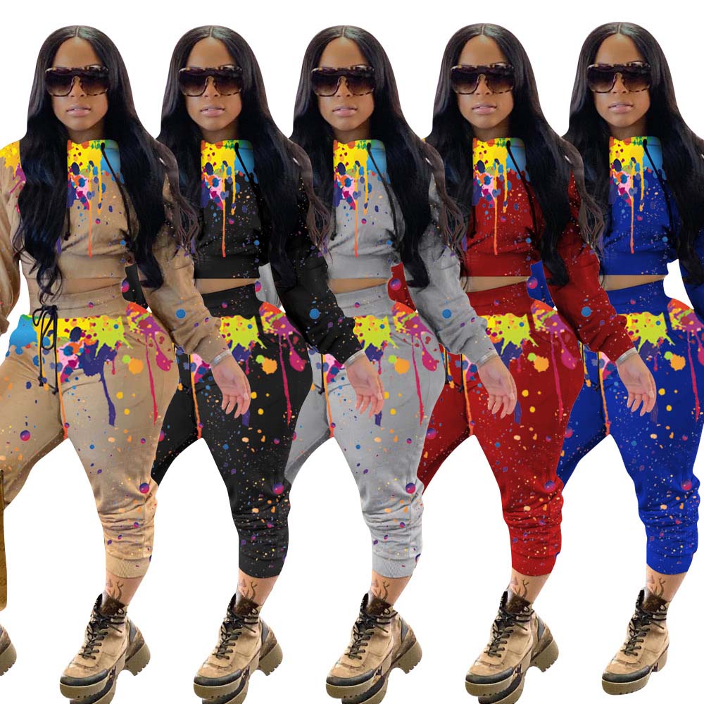 Autumn women set wholesale 2021 winter 2 pcs hoodie sets print pattern hooded women two pieces winter set