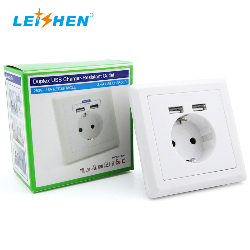 Европейская штепсельная розетка LEISHEN CE RoHS VDE TUV с 2 usb-портами, немецкая штепсельная розетка