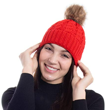 Thick Chunky Knitted Patch Logo Polar Fleece Winter Jacquard Fur Hats Cuff Beanie With Faux Fur Pom