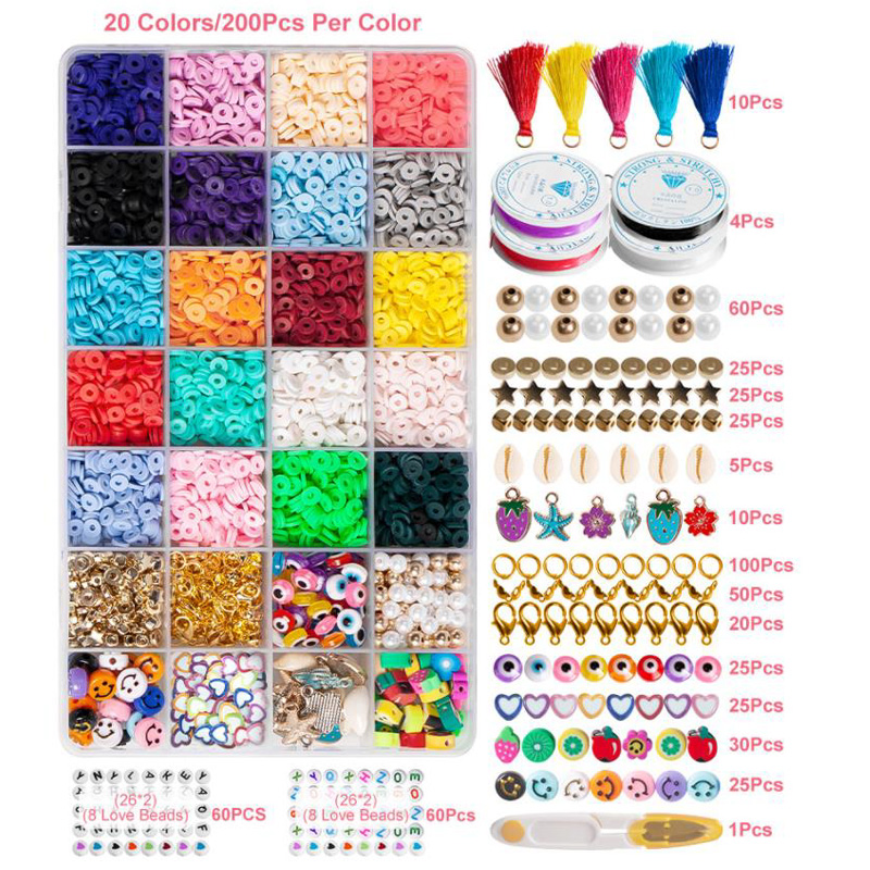 28 Grid 4000pcs Heishi Clay Bead Set 6mm 20 Colors Flat Clay Beads with Tassel Pendant