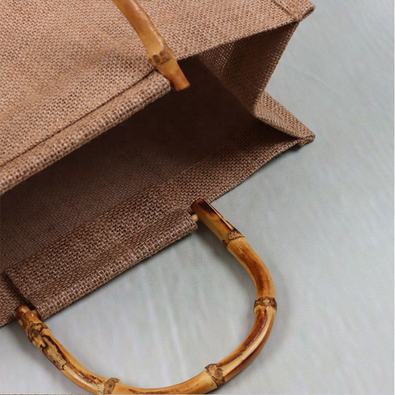 Custom Logo Eco Reusable Jute Handle Bag Shopping Burlap Bag Jute Tote Bag Bamboo Handle
