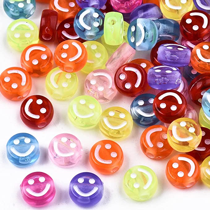100 Pcs Diy Transparent Acrylic Beads Flat Round Smily Face Spacer Beads