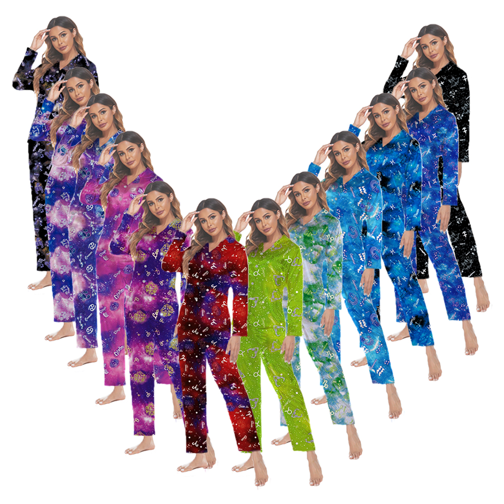 Custom Sexy Ladies Lingerie 100%Polyester Stain Silk Sleepwear Pajamas Long Sleeve Luxury Robe Bathrobe With Zodiac