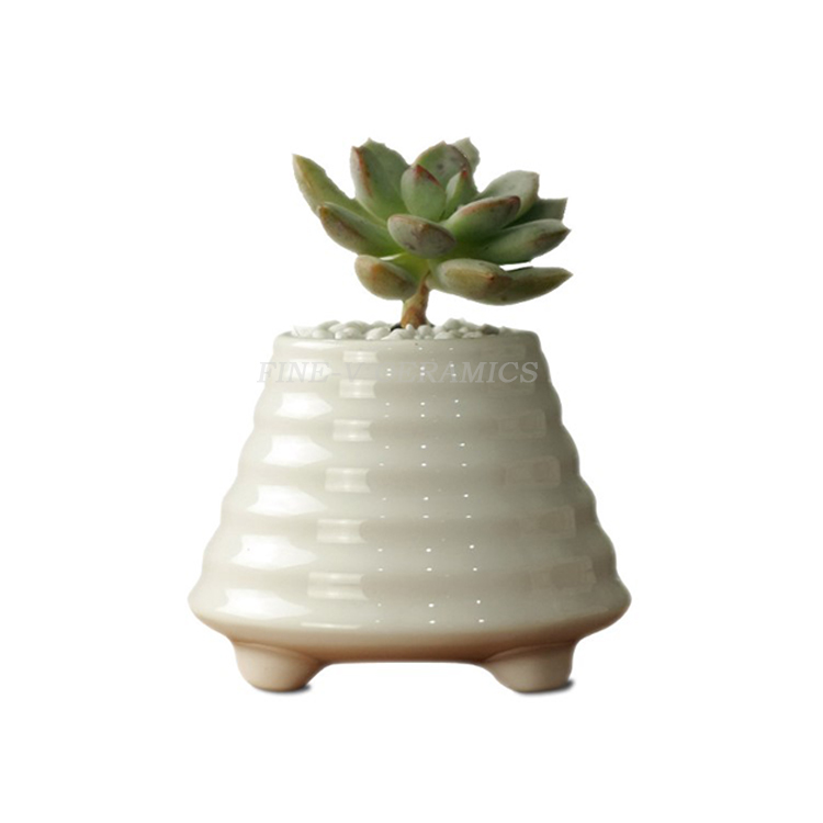 Simple white succulent old stakes with striped three - legged saucer-shaped potted planter ceramic small Flower pot with 3 feet