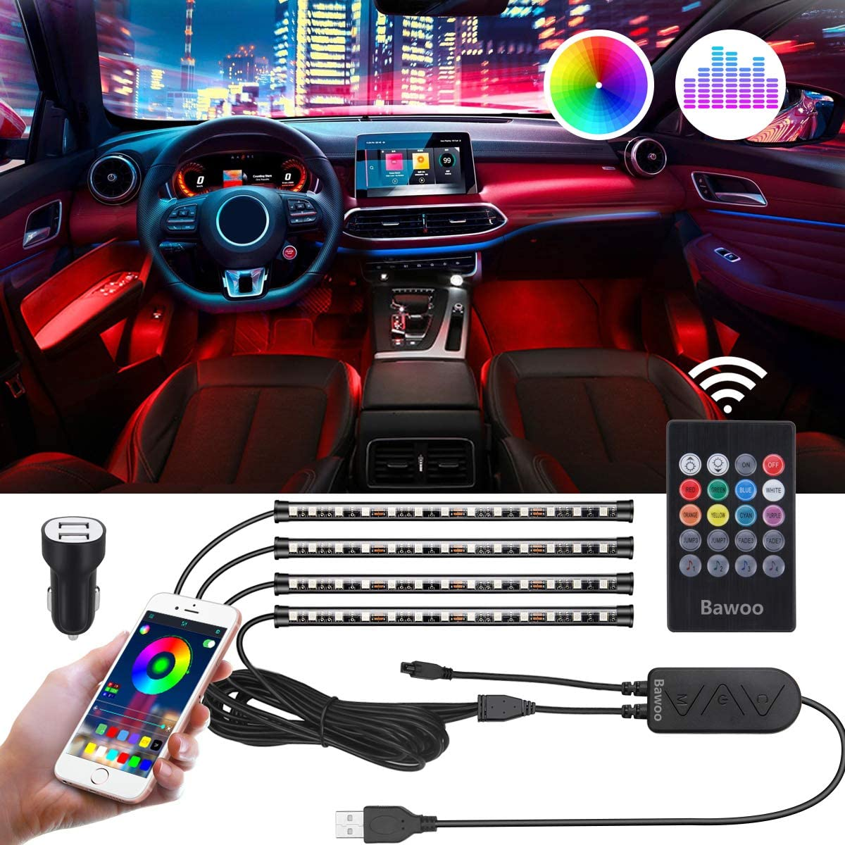 Unjoyli Car decoration light LED 18 led colorful one for four cars inside colorful atmosphere lights 5050-9 atmosphere lights