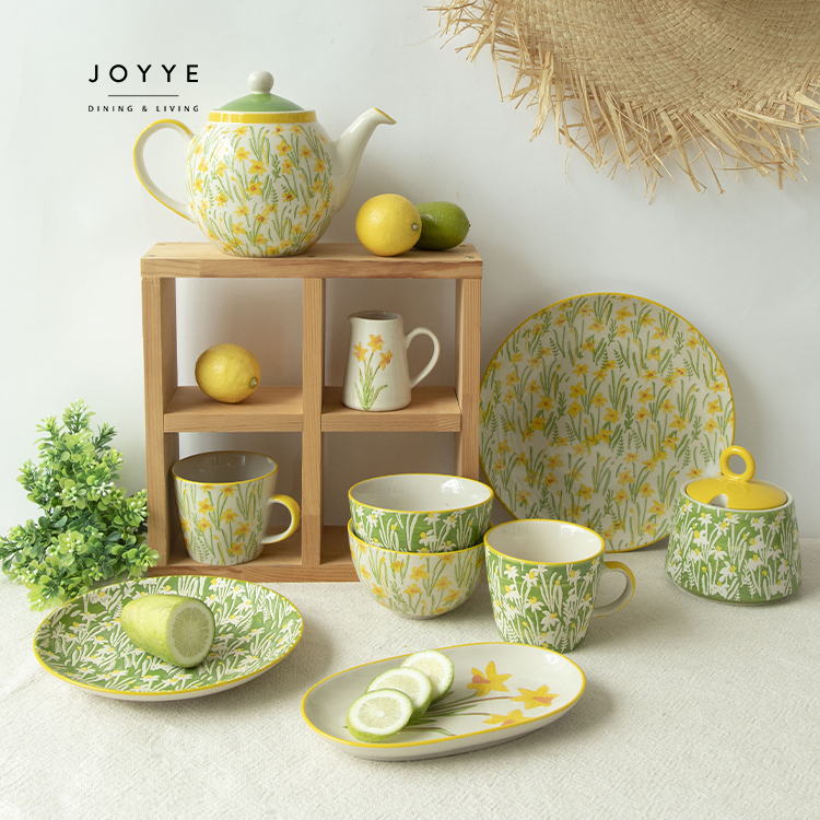 JOYYE spring summer flower ceramic stoneware dinner set modern tablerware plate bowl coffee mug dinning dinnerware sets for home