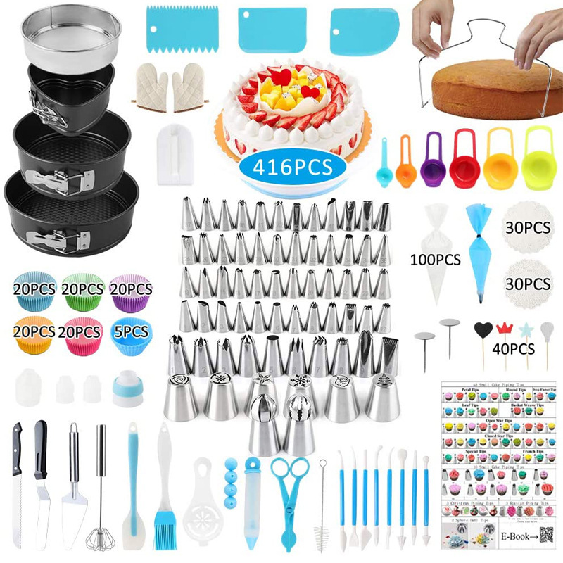 416Pcs Cake Decorating Kit Supplies Cakes Cup Stand Spatula Non-stick Bakeware Set Display with Turntable Nozzle