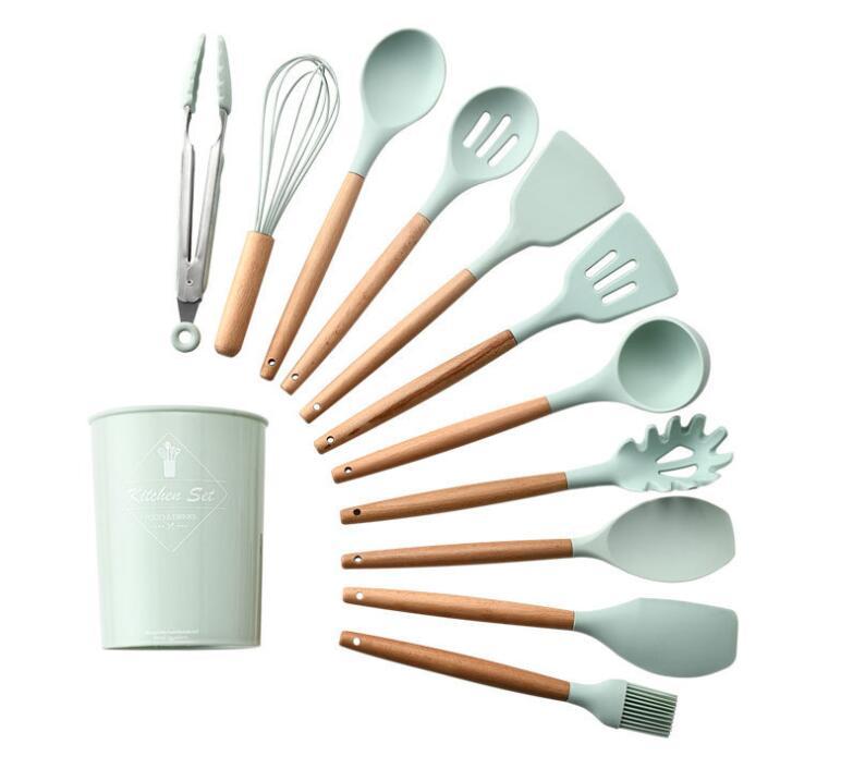 Kitchen Cooking Utensils Set 11 pcs Non-Stick Silicone Cooking Kitchen Utensils Spatula Set with Holder, Wooden Handle