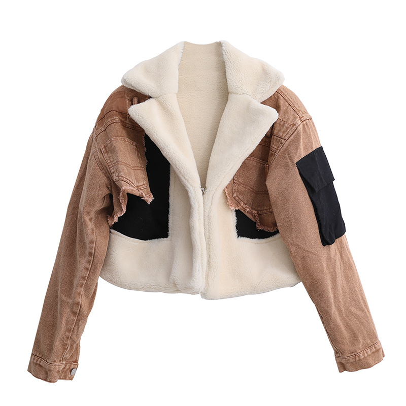 2021 Best selling short denim winter jacket women brown wool cropped jean jacket faux fur coats for ladies
