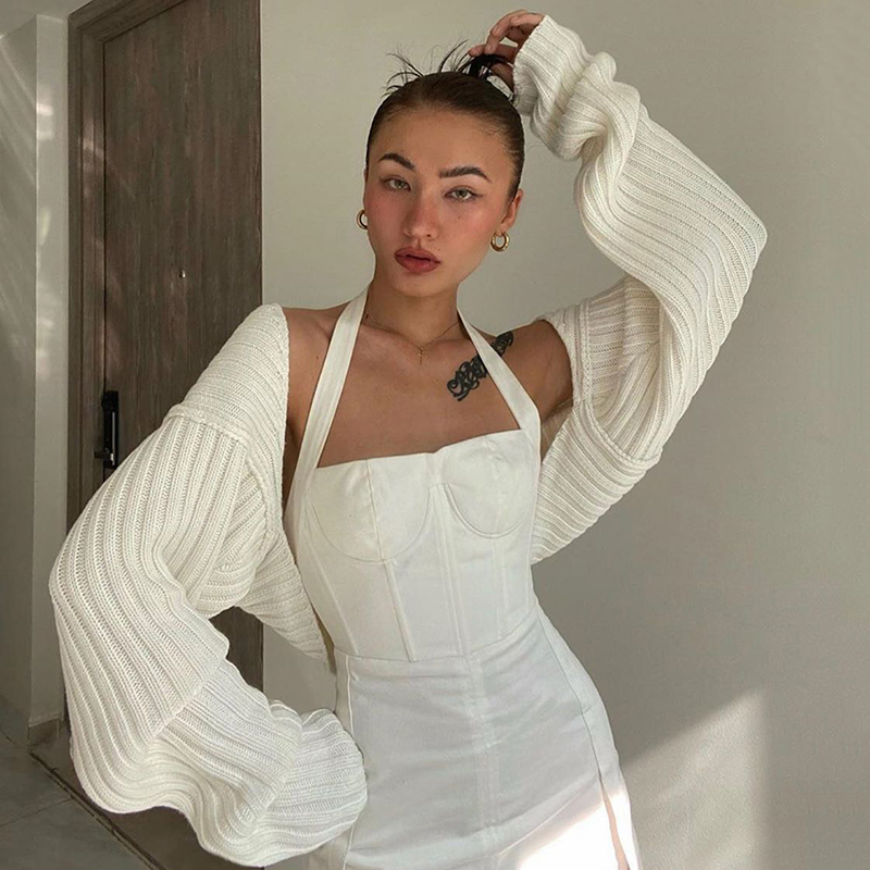 Top corto de rebeca de punto para mujer Fall Women Tops Sexy White Ultra Short Ladies Knitted Long-sleeved Sweater Jacket