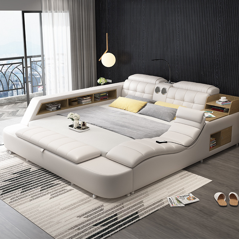 Smart Bedroom Furniture Luxury Leather Multi-functional Upholstered King Queen Platform Storage Massage Bed