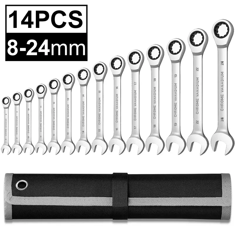 14pcs Flex-Head Wrench Socket Ratchet Wrench Set Spanner Kit Combination Box End Metric 8-24mm Hand Tool Car Repair Tools