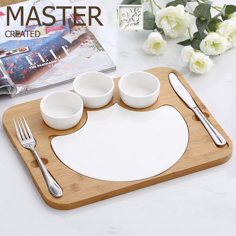 Custom Bamboo Cheese Board Knife Set with Cutlery Cheese Cutting Board and 3pcs Ceramic Salad Bowl