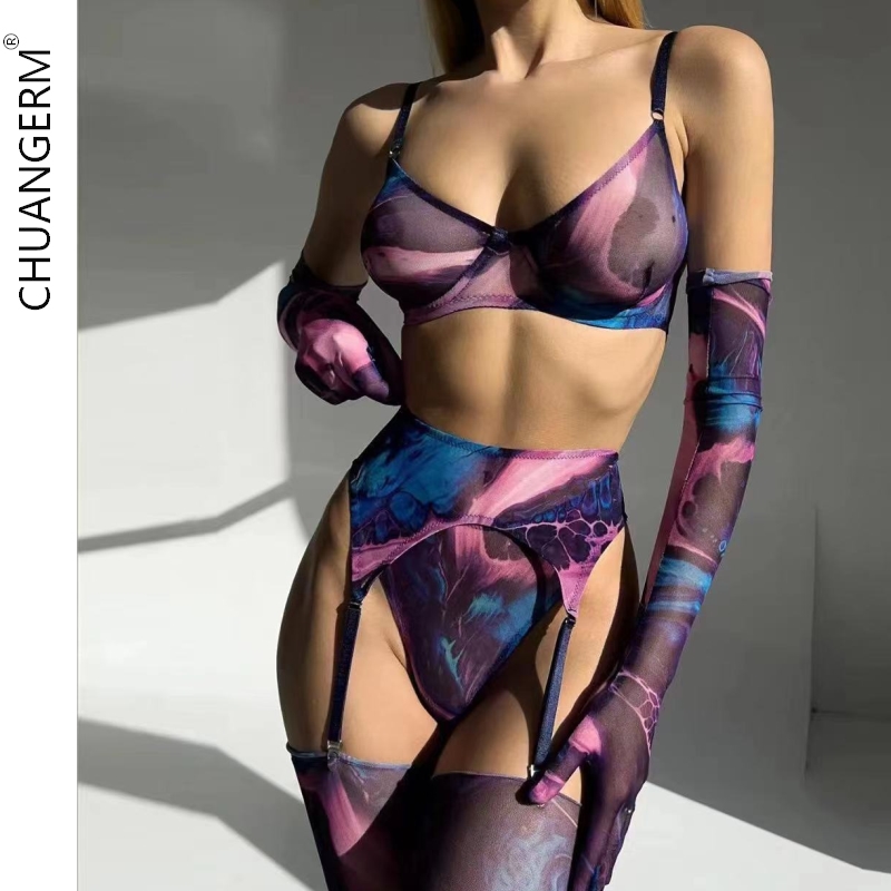 CHUANGERM OEM Hot Selling Lingerie Sexy Mesh Printed Gloves With Garters Belt Women's Clothing Sexy Lingerie