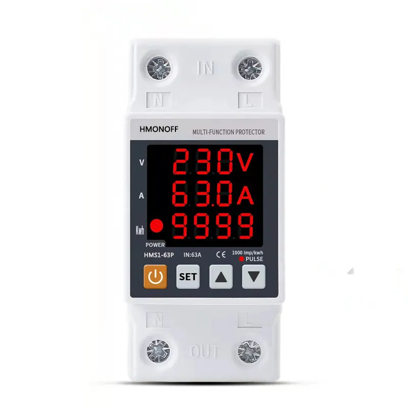 63A 230V 3IN1 Display Din Rail Adjustable Over Under Voltage Surge Protector Relay Over Current Protect Kwh Power watt Meter