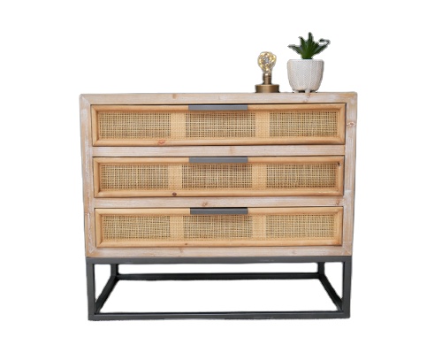 Vintage 3 horizontal save space drawers cabinet steel base solid wood rattan storage chest of drawers