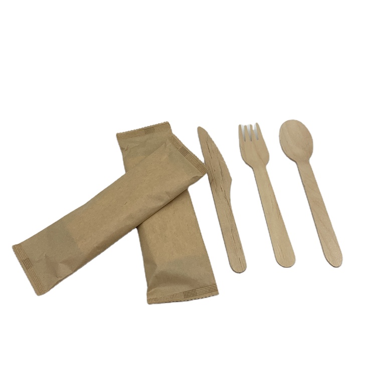 Disposable wooden biodegradable cutlery wooden set with kraft paper
