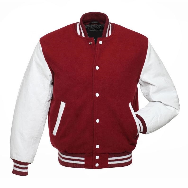 Оптовая продажа, куртка-бомбер на заказ, красная шерстяная куртка Versity Letterman, бейсбольная куртка, белые кожаные рукава