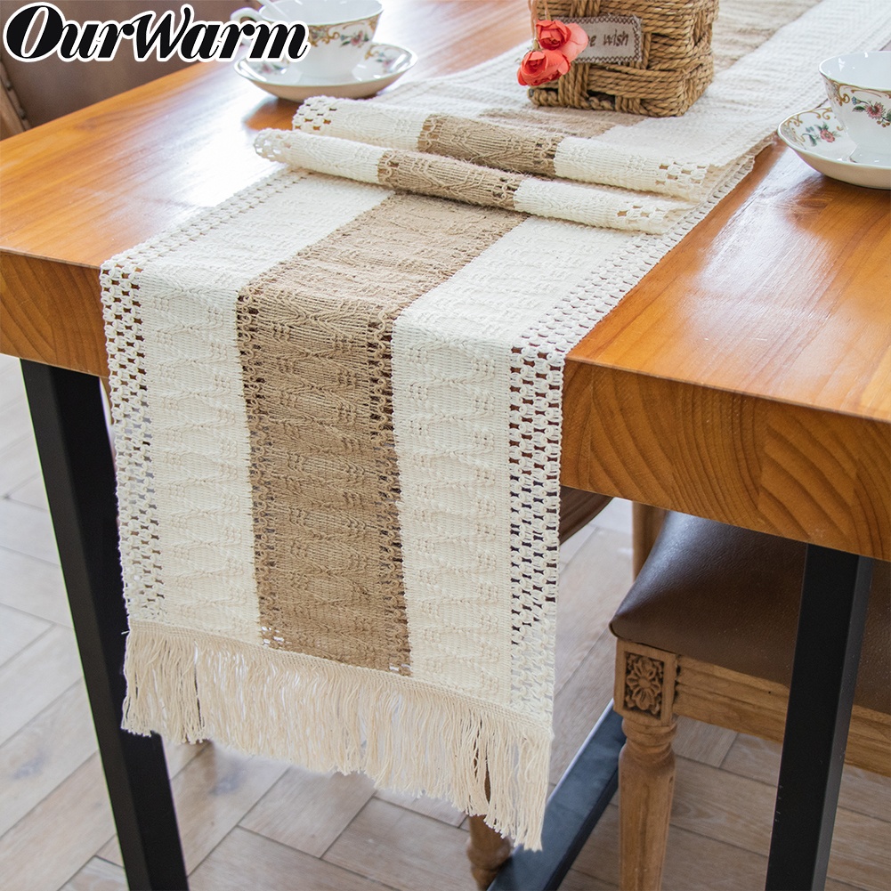 OurWarm 12*108 дюймов бежевый полый обеденный макраме мешковины хлопчатобумажная скатерть в стиле бохо домашний декор