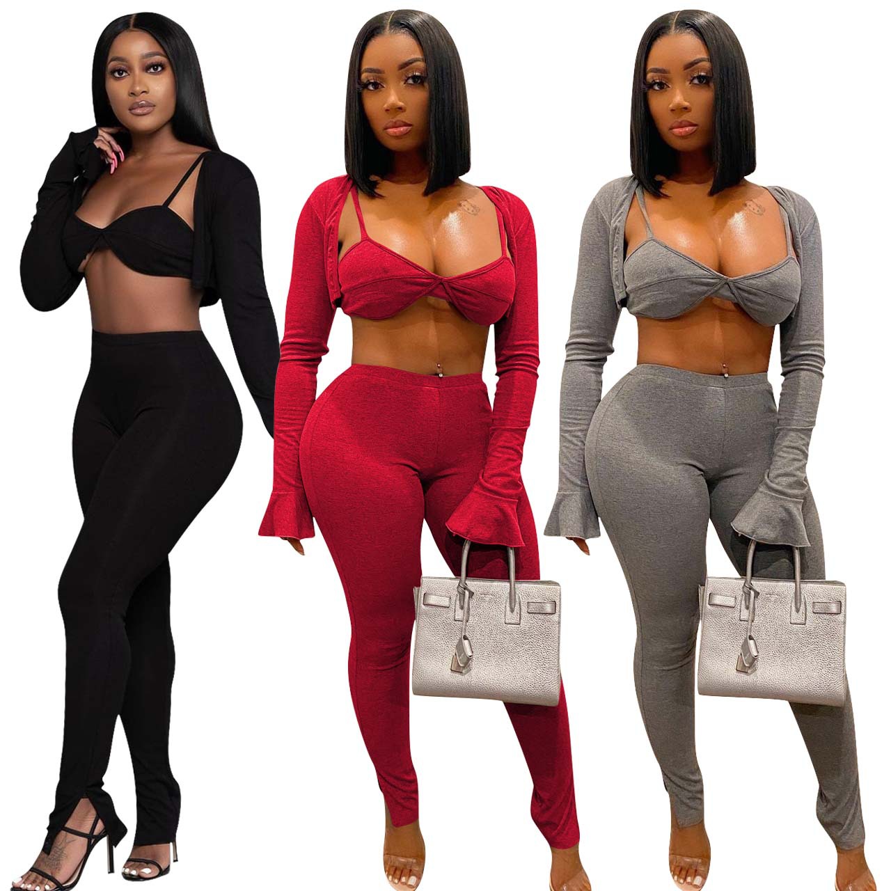 2021 Women Fall Matching Clothing Sexy Bra Top 3 Piece Set Lounge Wear Suit Outfits Tracksuits Jogger Set