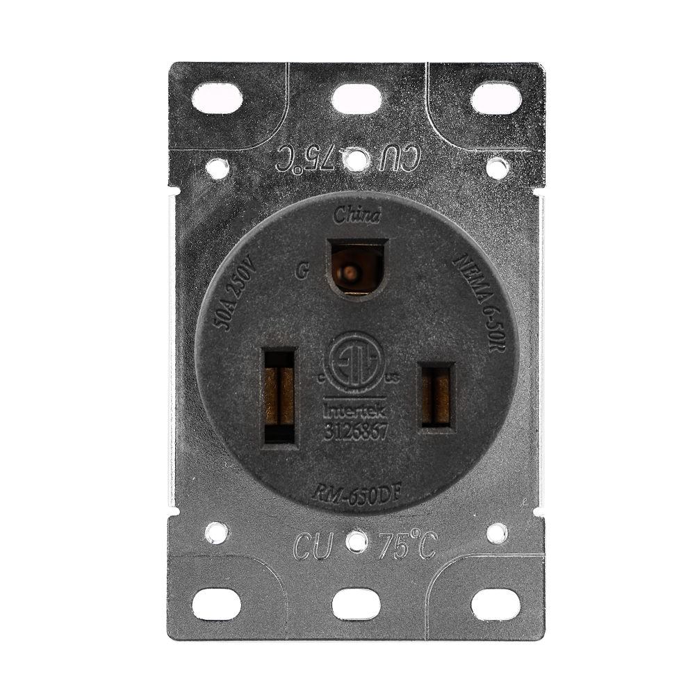 CR-216 50 Amp, 250 Volt, Flush Mounting Receptacle, Straight Blade, Industrial Grade, Grounding, Black color