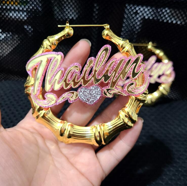 Hot sale custom stainless steel letter name earrings bamboo earrings hip hop fashion ins earrings