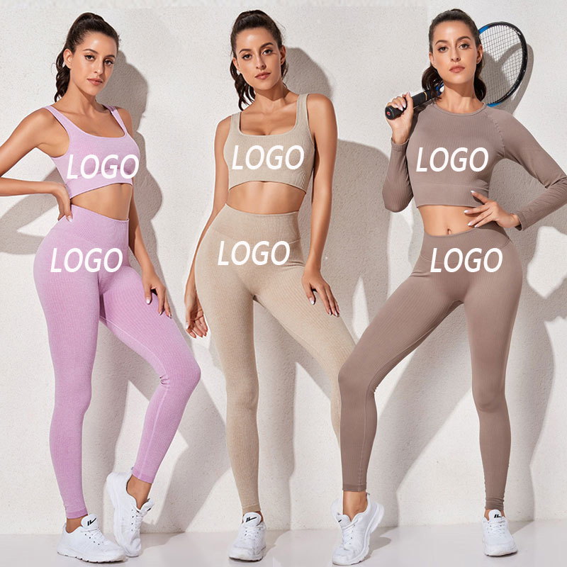 Rib Long Sleeve Gym Yoga Set High Waist Ribbed Seemless Ropa Yoga Set