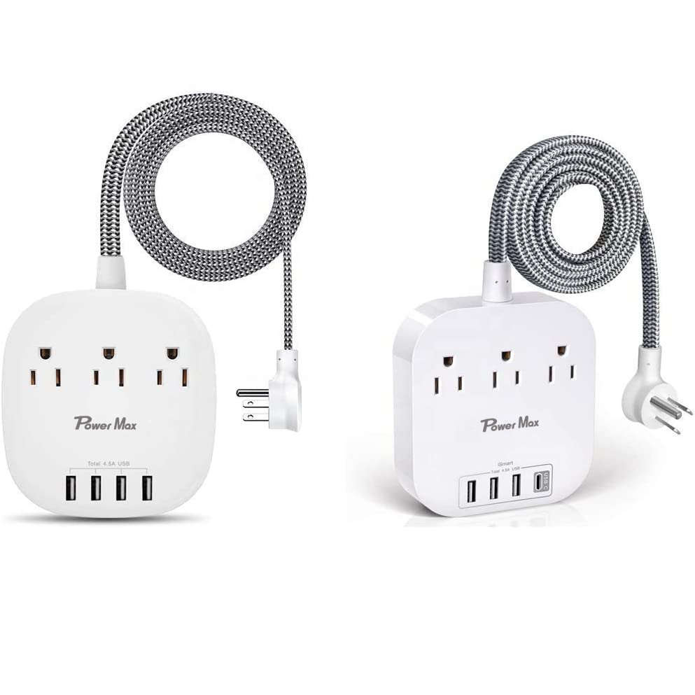 США Канада силовая полоса с USB C, 3 выхода 4 USB порта (22,5 Вт/4.5A) Настольная зарядная станция плоский разъем 5 футов Плетеный удлинитель C